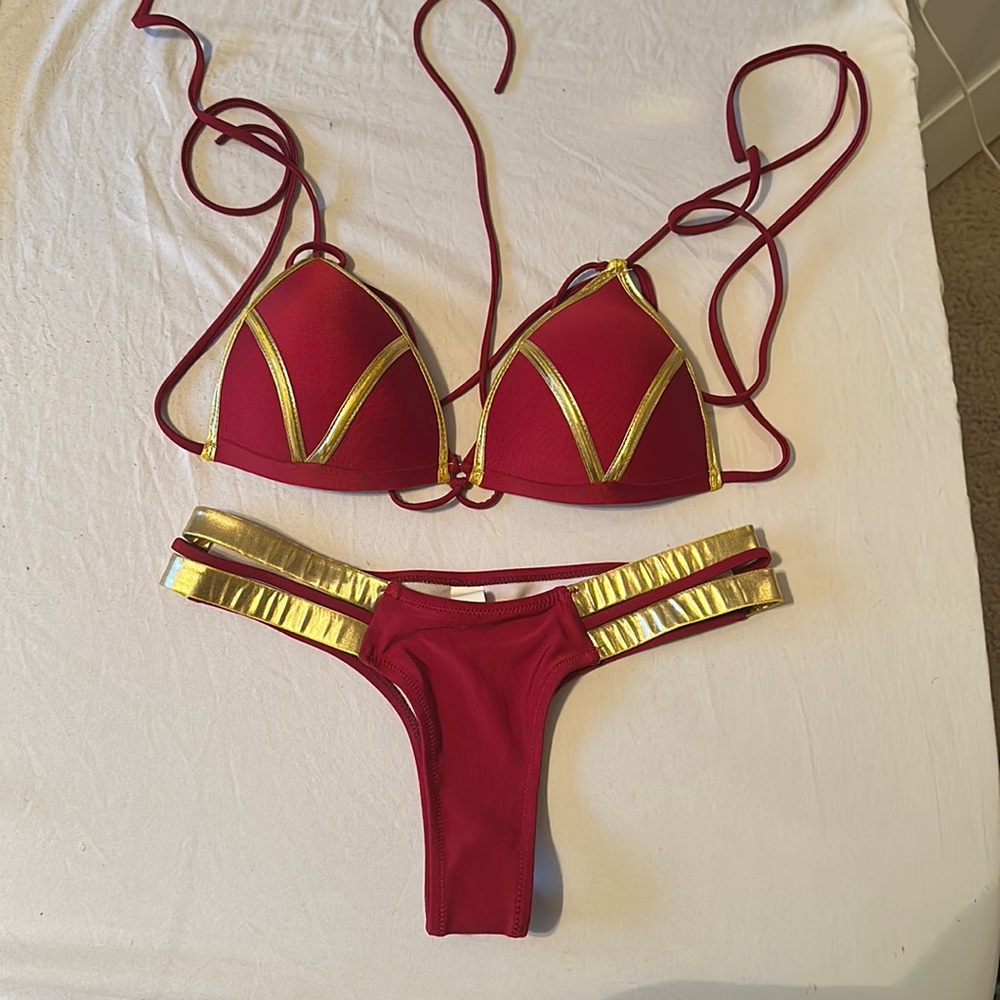 Thong Bikini Red and Gold Swimsuit Set